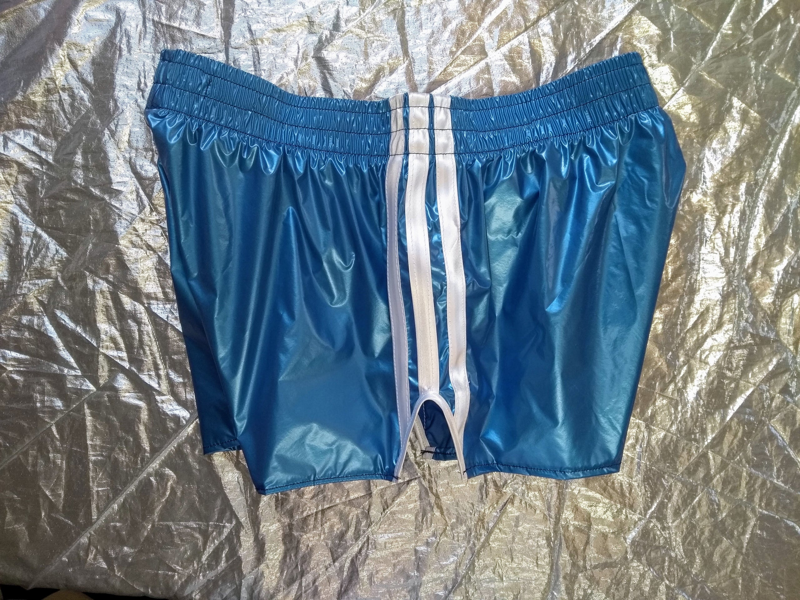 Design Your Own Footy Shorts in glossy metallic blue ultra-thin nylon ...